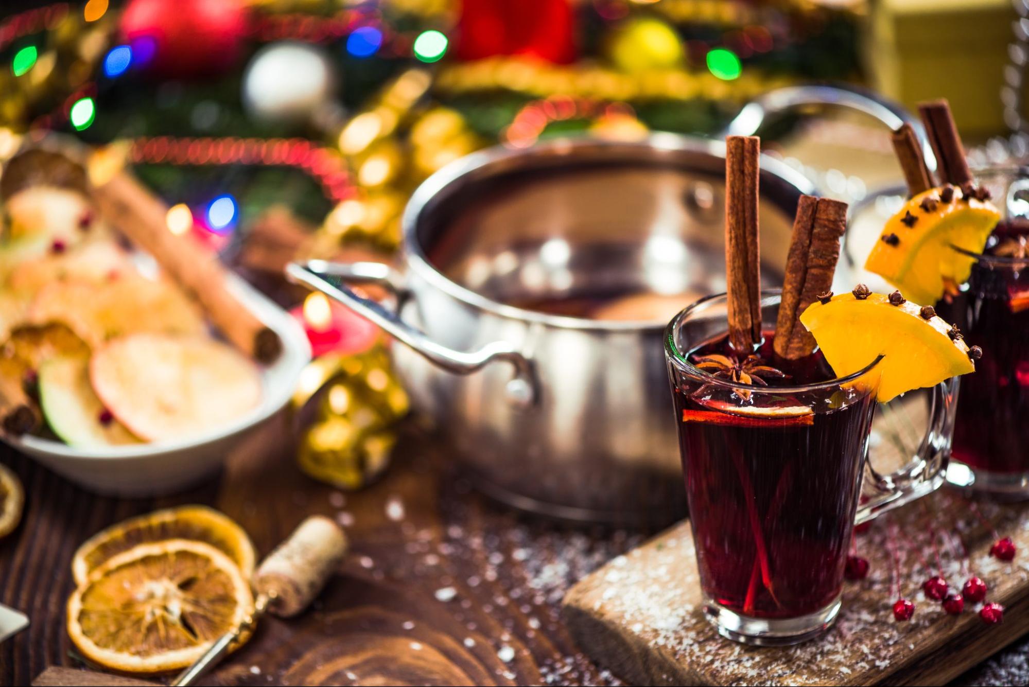 Festive table with food and drinks.